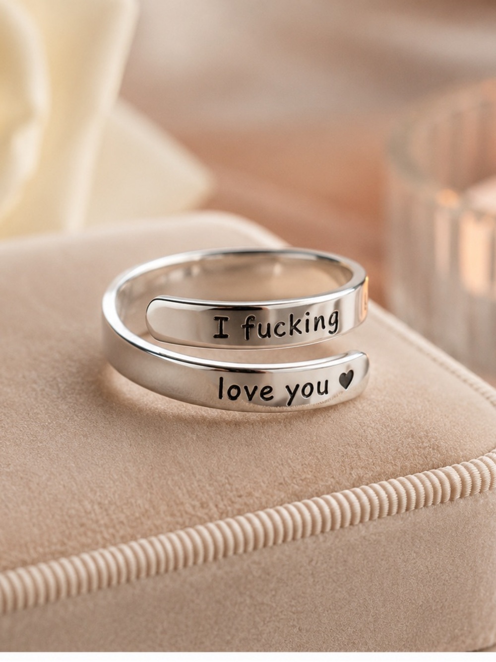 Silver Adjustable Wrap Engraved Promise Ring - "I love you"